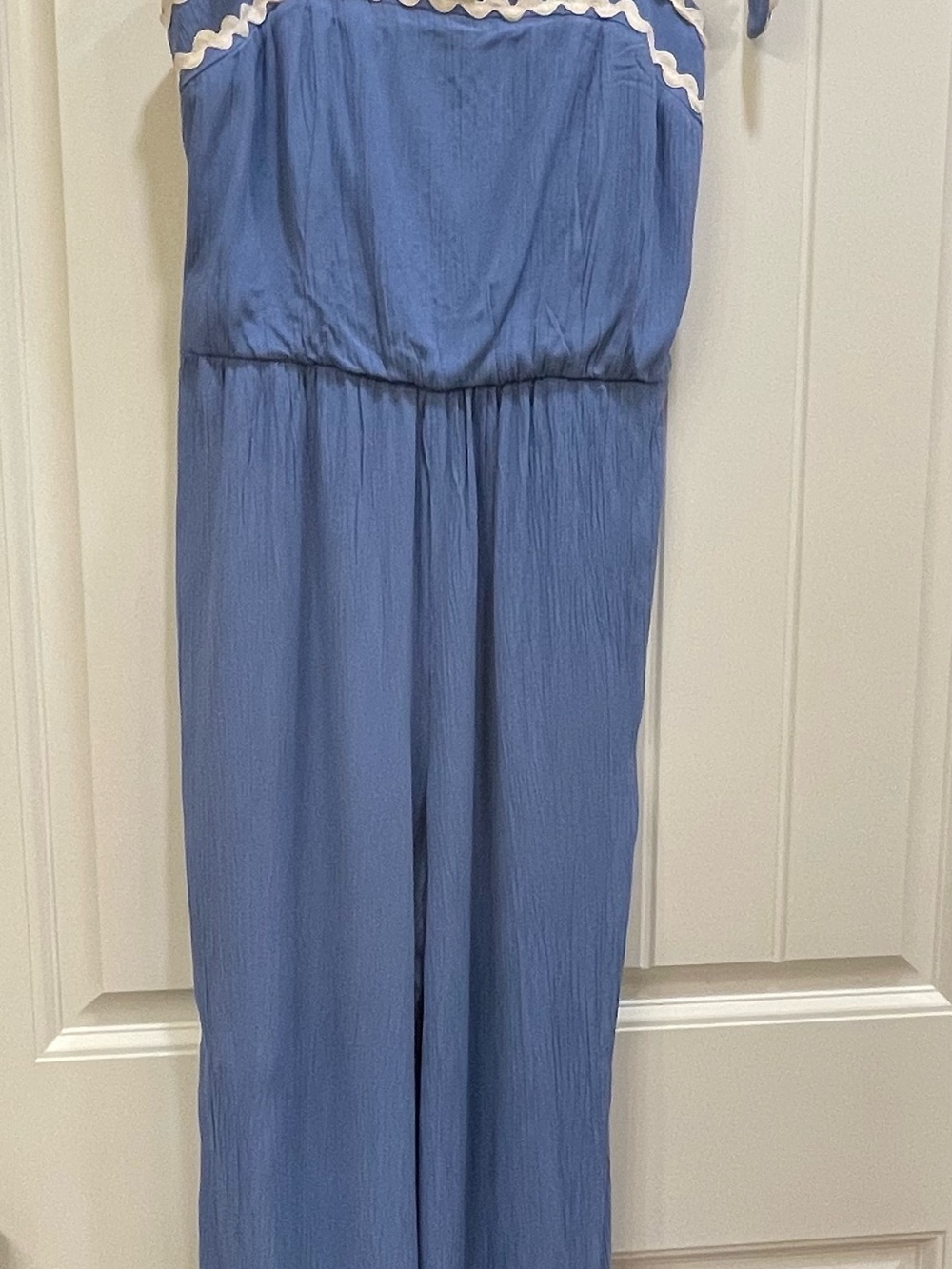 june & hudson Blue Wide-Leg Strapless Jumpsuit with Cream Trim